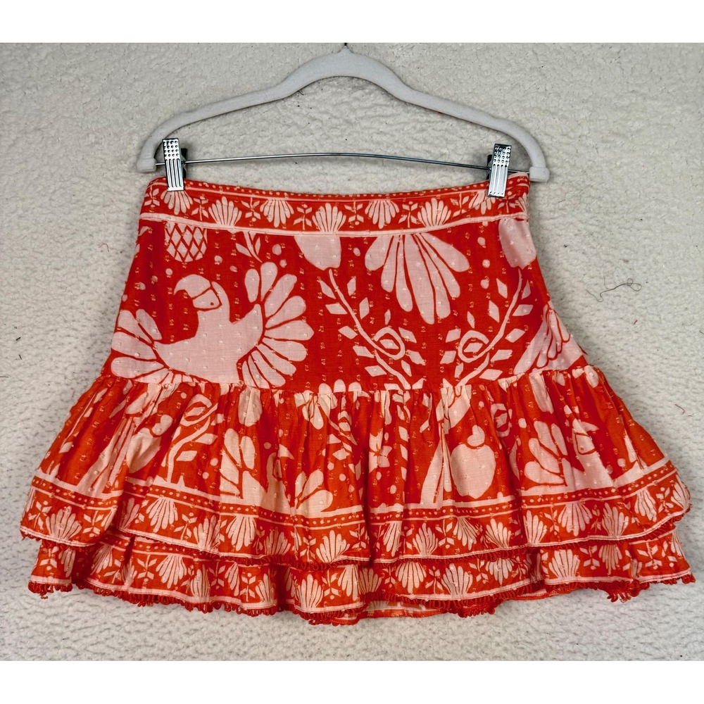 FARM RIO Medium Orange White Cotton Tiered Ruffle Mini Skirt Aztec Boho Festival